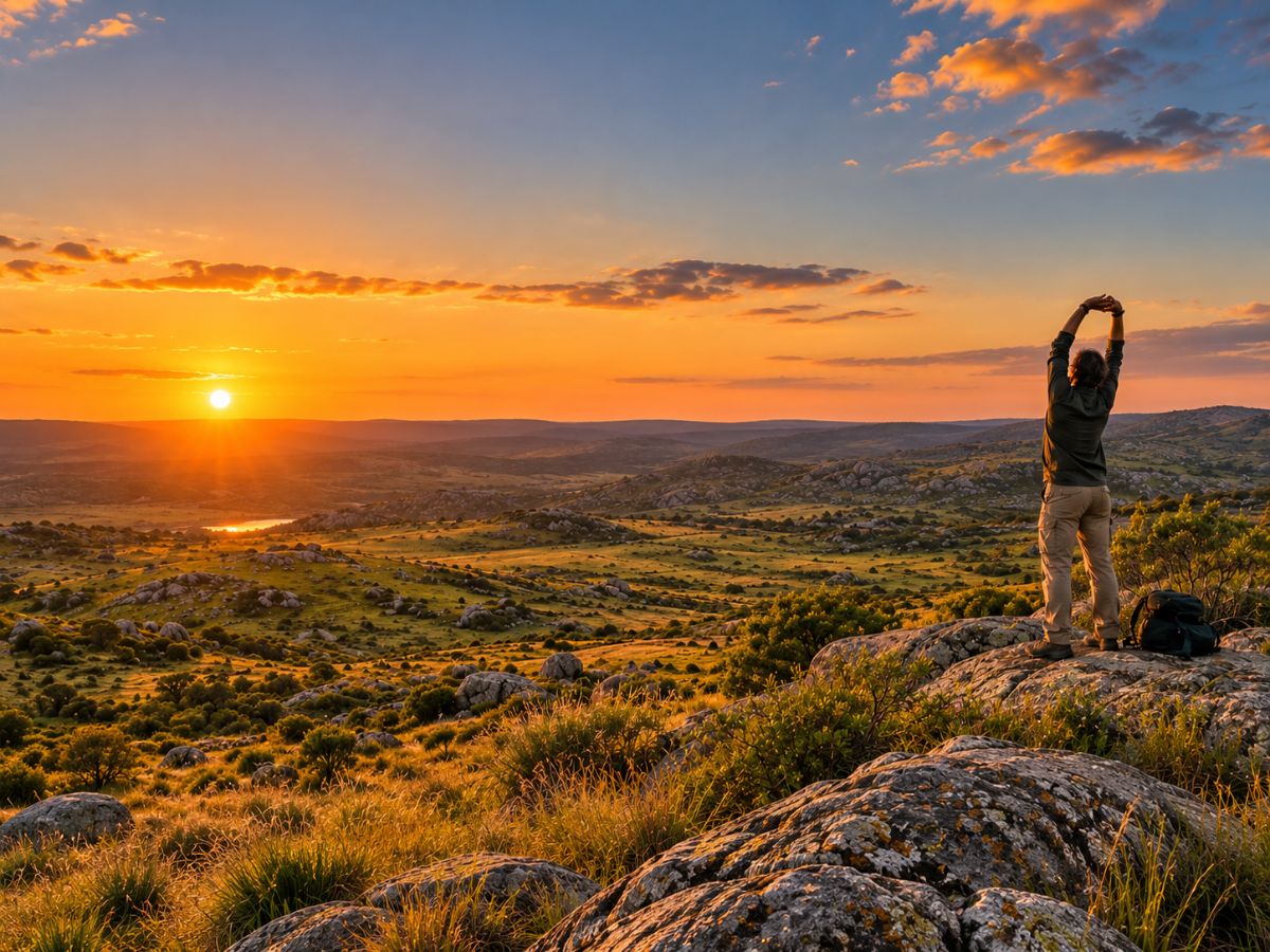 Persona estirando frente al amanecer en las sierras