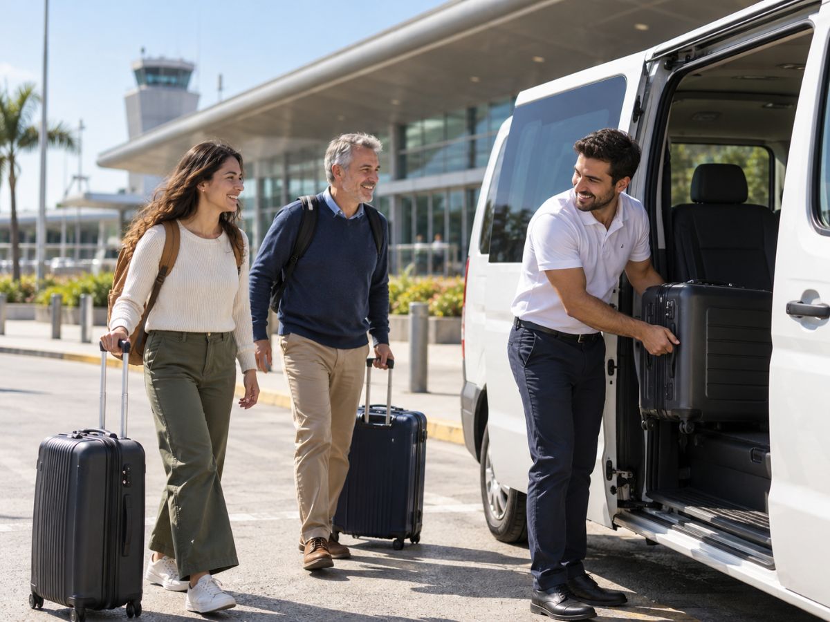 Pasajeros con equipaje junto a una van en el aeropuerto
